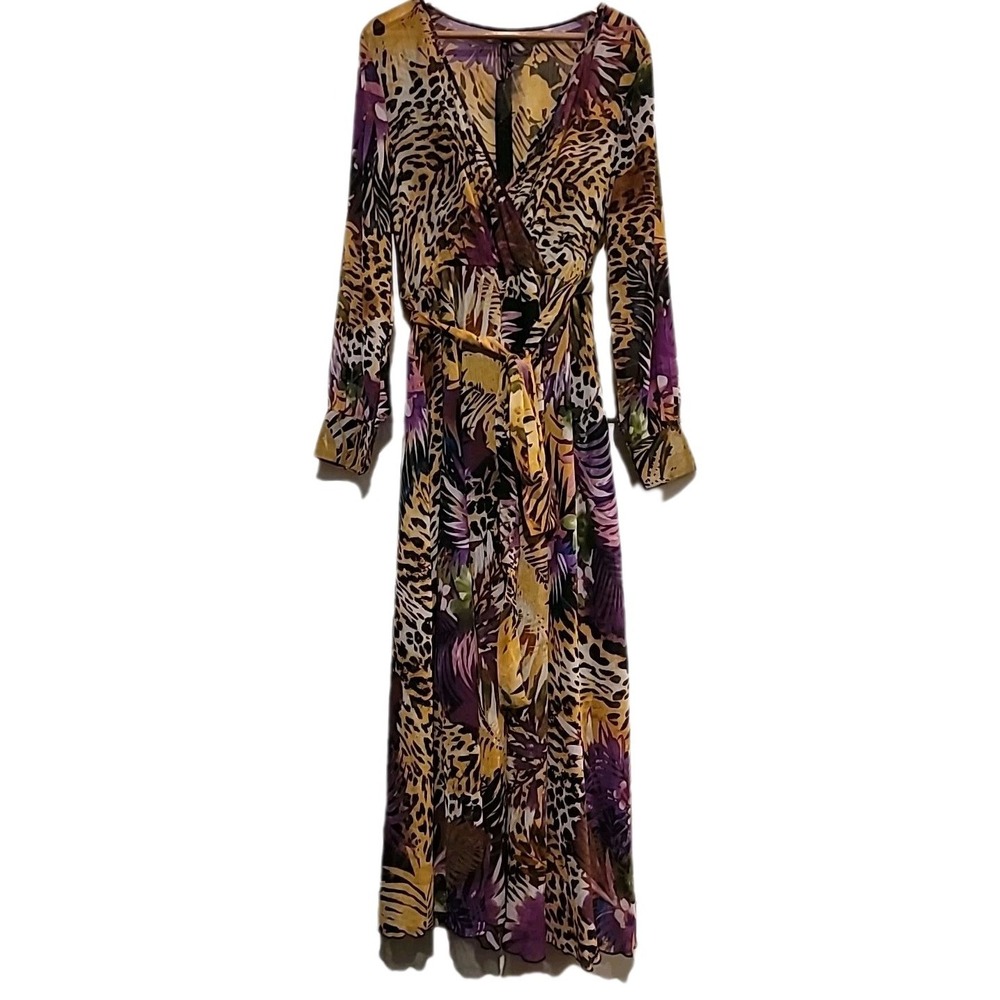 Spy Zone‎ Exchange Maxi Dress XL Sheer Chiffon Lantern Slv Tropical Cheetah NWT